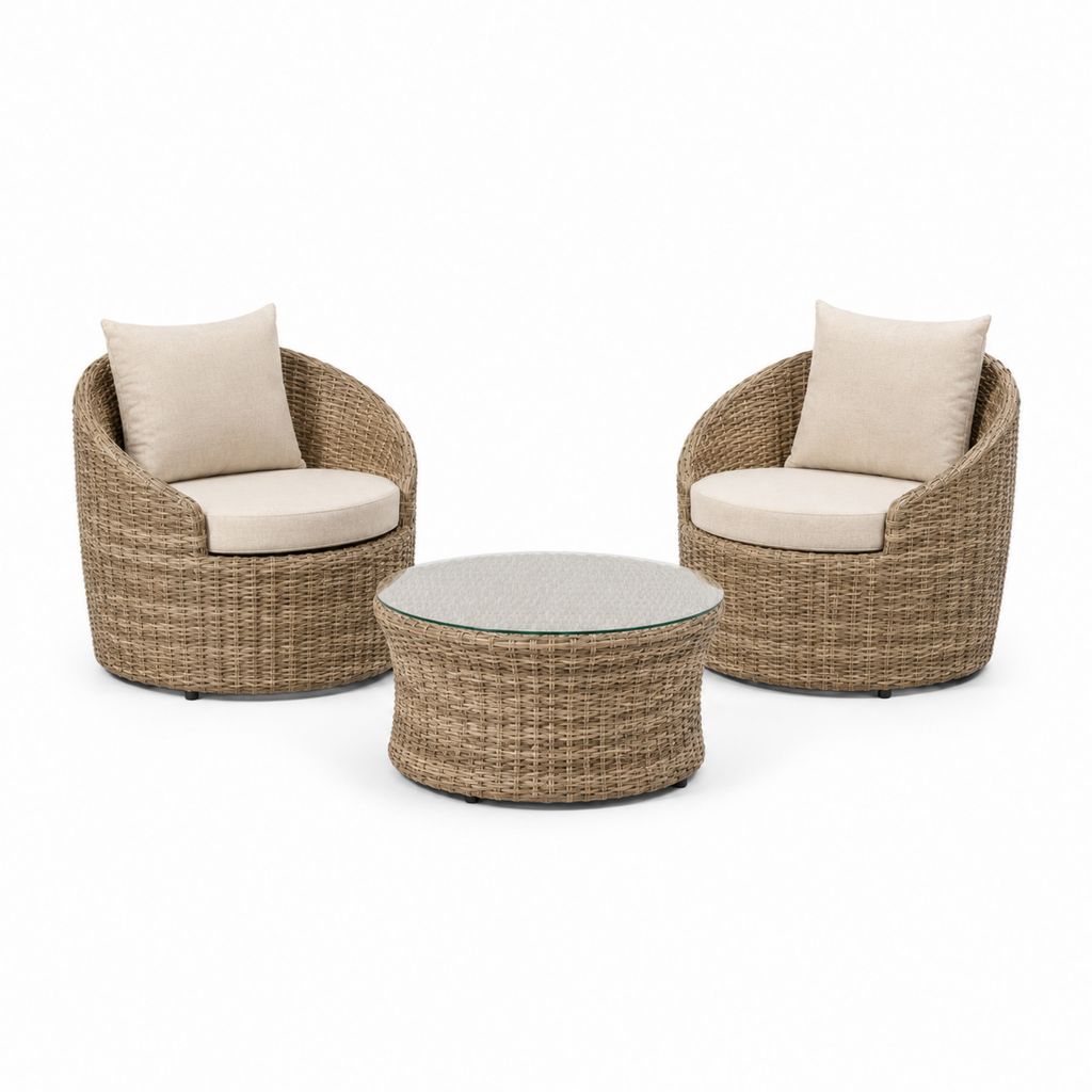 Set salotto da giardino 2 poltrone e tavolino rotondo beige in rattan PE con vetro temperato Poltrone 75 x 70 x 75 cm Tavolino Ø70 x 40 cm