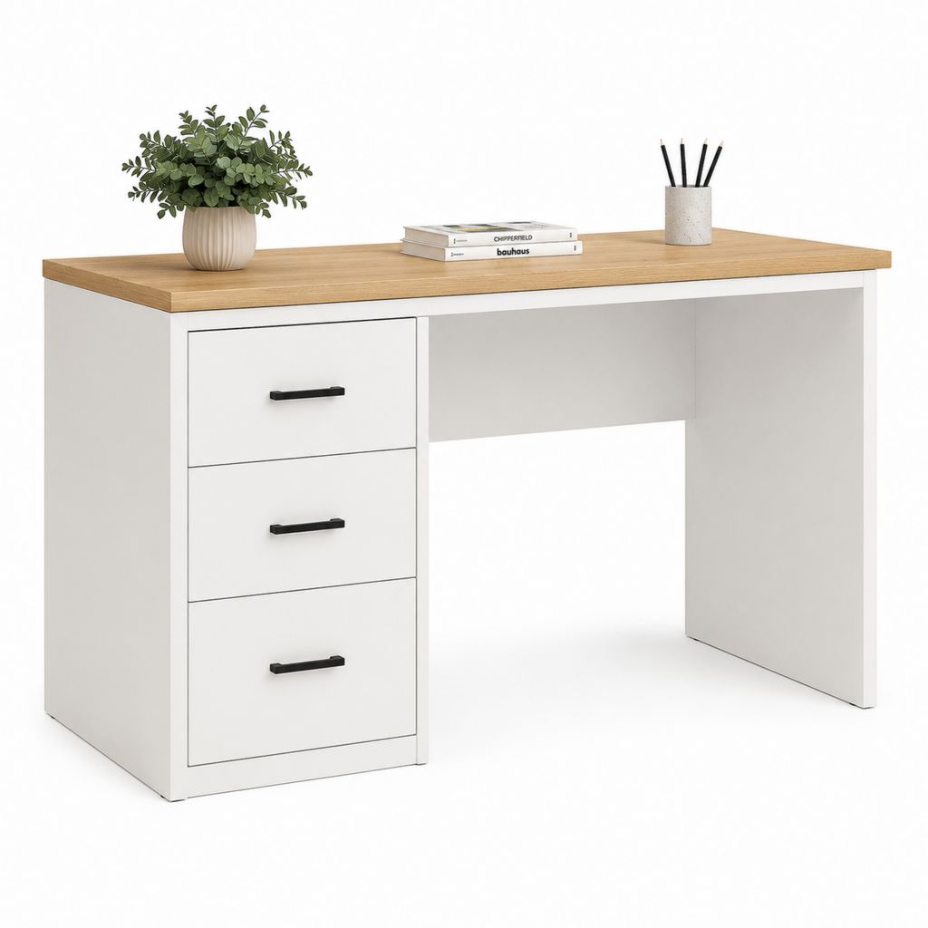Scrivania tradizionale bianca con piano effetto rovere e 3 cassetti 120 x 60 x 75 cm