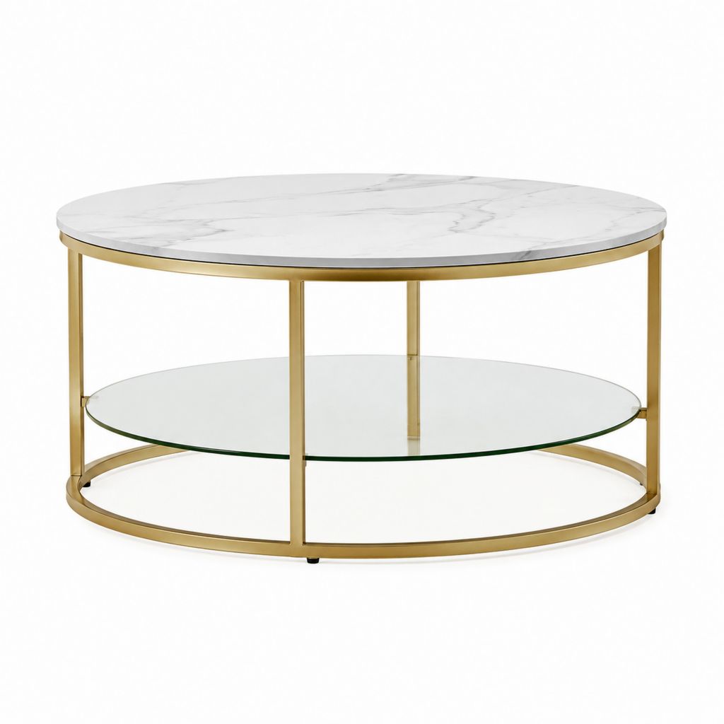 Tavolino da caffè rotondo bianco e oro in vetro temperato e acciaio inox Ø80 x 45 cm