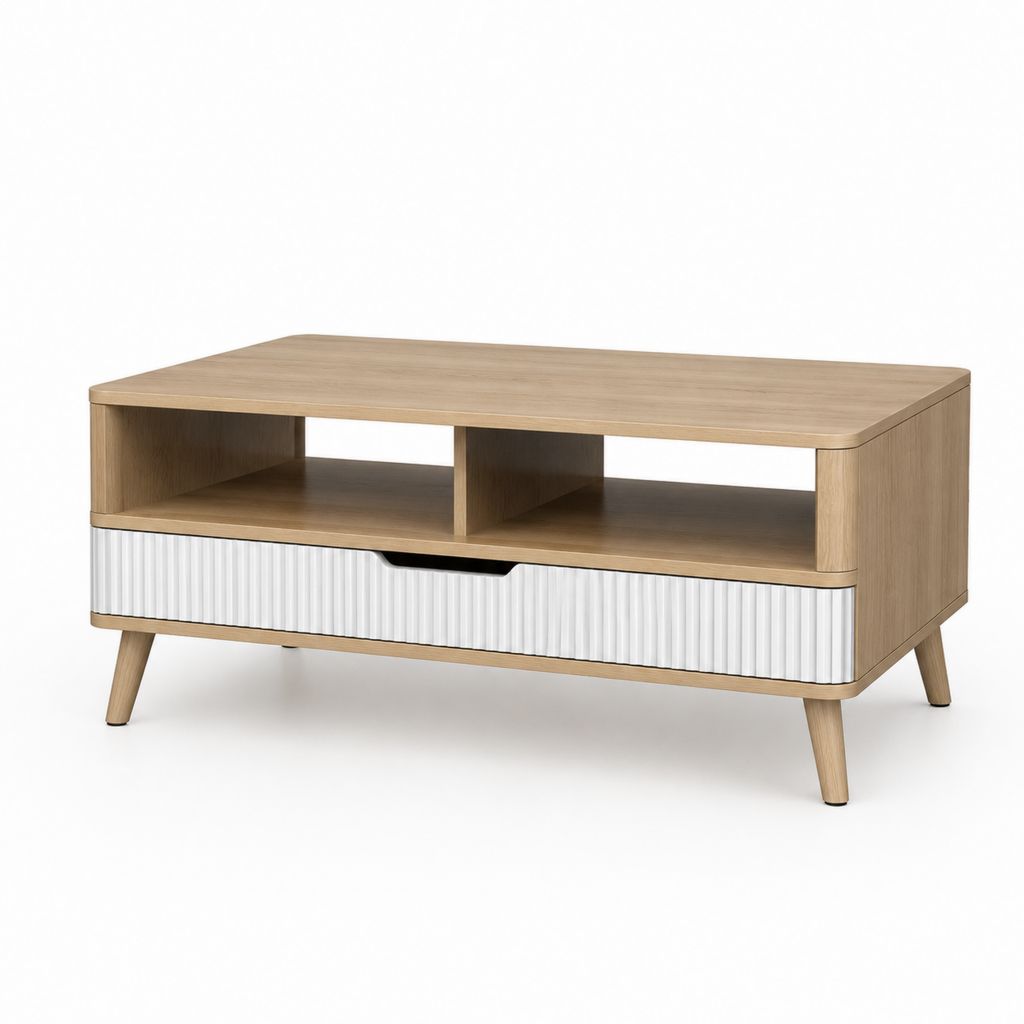 Tavolino da caffè con cassetto bianco e rovere in MDF 100 x 40 x 50 cm