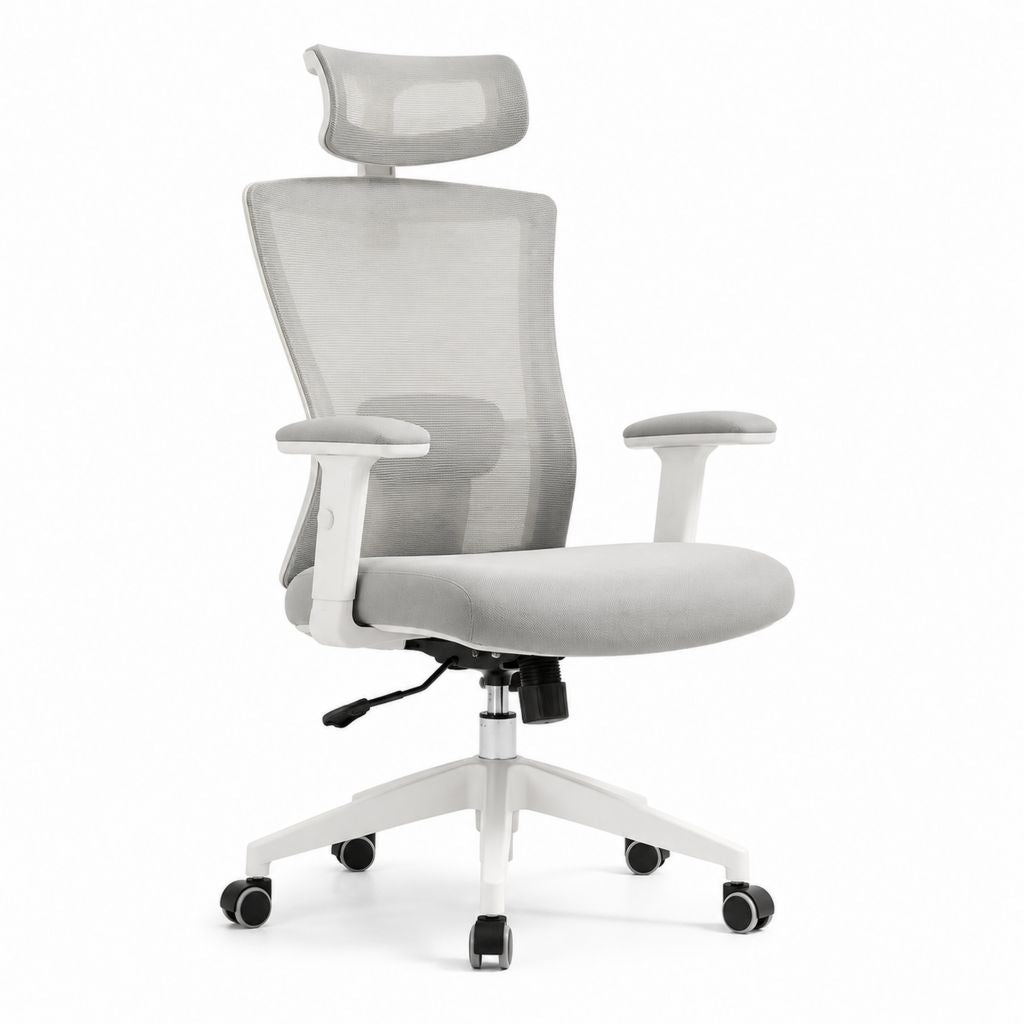 Sedia da ufficio ergonomica grigio chiaro in rete di poliestere con poggiatesta 64 x 64 x 116-126 cm