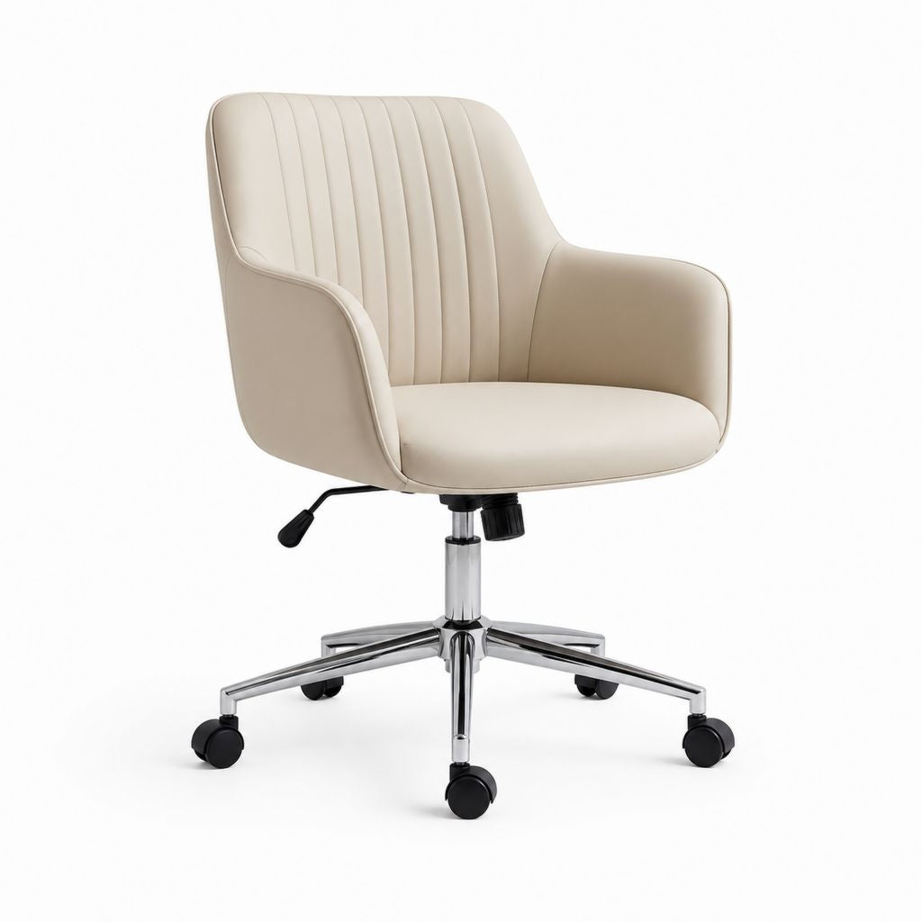 Sedia da ufficio girevole beige in pelle PU con braccioli e ruote 62 x 62 x 88-98 cm