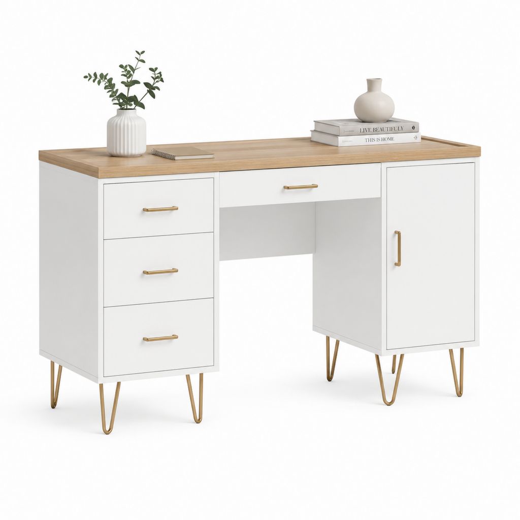 Scrivania tradizionale bianca con piano effetto rovere 120 x 60 x 75 cm con 4 cassetti e anta