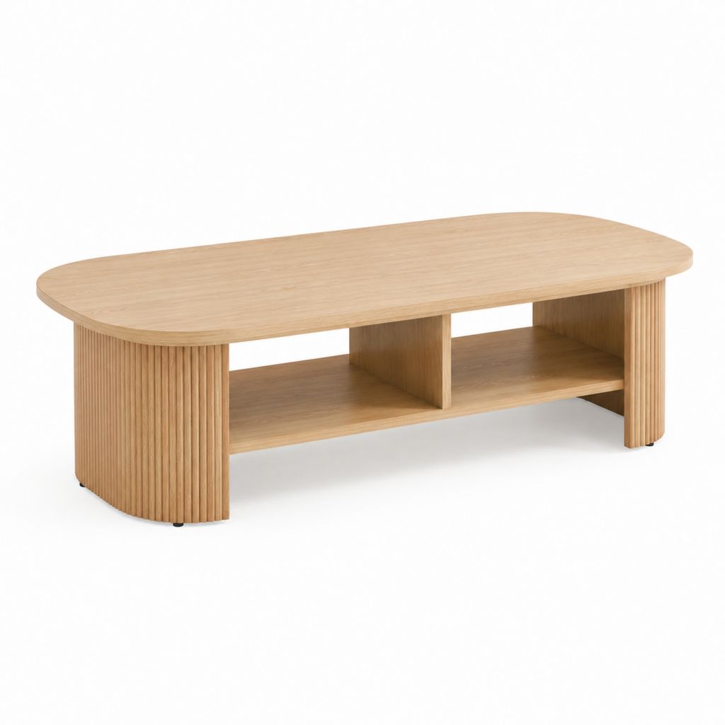 Tavolino da caffè ovale rovere in MDF 120 x 60 x 45 cm con 2 vani a giorno