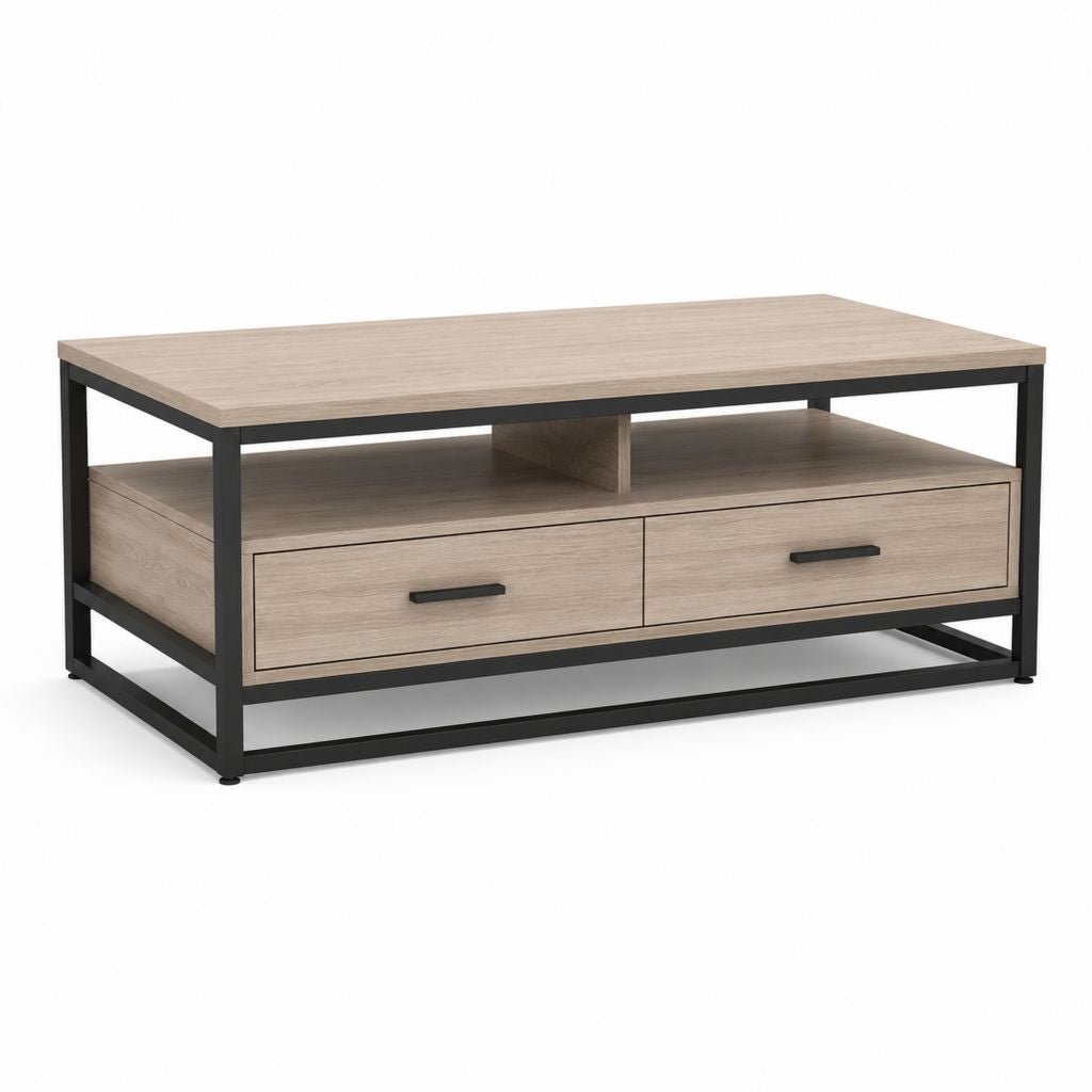 Tavolino da caffè rettangolare rovere chiaro e nero in pannello truciolare e acciaio 120 x 60 x 45 cm