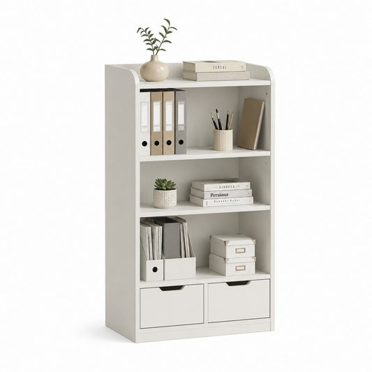Libreria da ufficio bianca in pannello truciolare nobilitato con 2 cassetti 80 x 35 x 160 cm