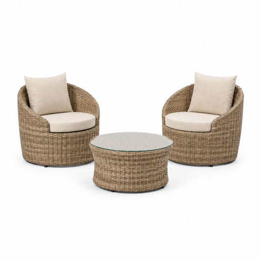 Set salotto da giardino 2 poltrone e tavolino rotondo beige in rattan PE con vetro temperato Poltrone 75 x 70 x 75 cm Tavolino Ø70 x 40 cm