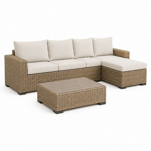 Set divano da giardino angolare 4 posti con tavolino beige in rattan PE e acciaio 230 x 150 x 65 cm