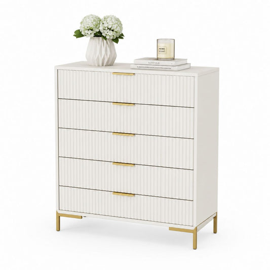 Cassettiera bassa a 5 cassetti bianca in MDF 80 x 40 x 110 cm