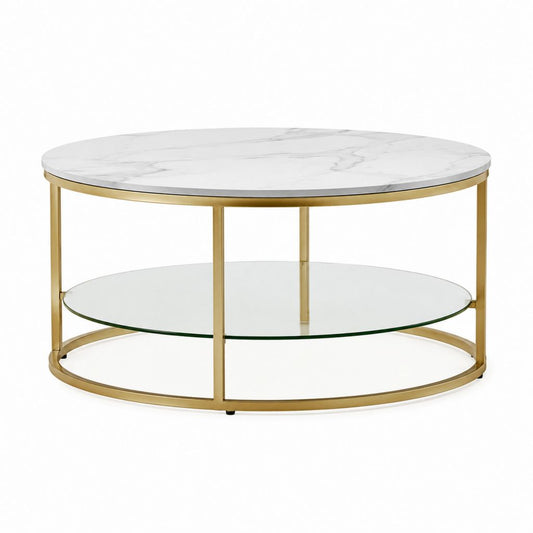 Tavolino da caffè rotondo bianco e oro in vetro temperato e acciaio inox Ø80 x 45 cm