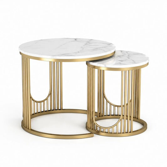 Set 2 tavolini da caffè rotondi bianco marmo e oro in pietra sinterizzata e acciaio Ø80 x 45 cm Ø60 x 40 cm