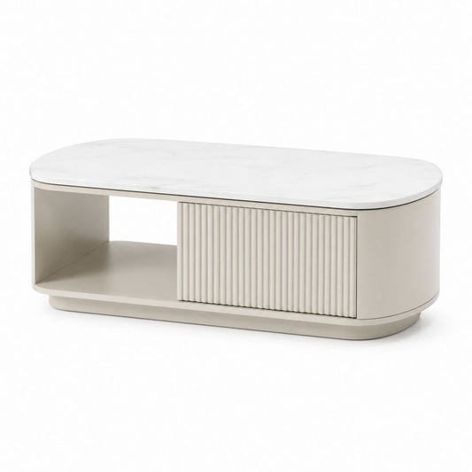 Tavolino da caffè ovale bianco in MDF con piano effetto marmo 120 x 60 x 40 cm