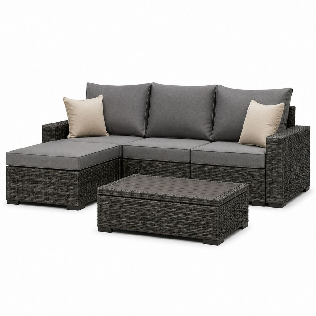 Set divano da giardino angolare in polietilene PE grigio con cuscini e tavolino 200 x 140 x 65 cm