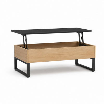 Tavolino da caffè alzabile con contenitore rovere e nero in MDF e acciaio 100 x 50 x 45 cm