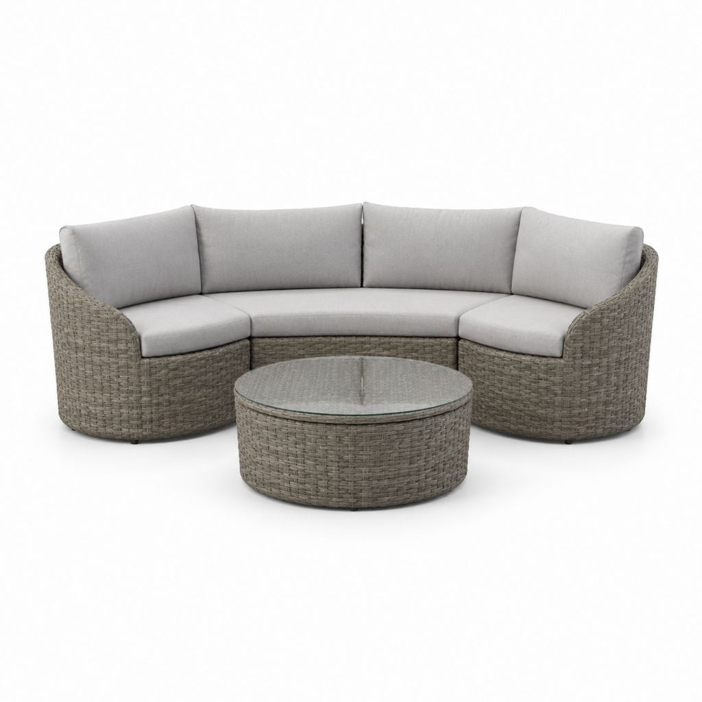 Set divano da giardino 3 posti con tavolino grigio in polyrattan PE curvo 230 x 100 x 78 cm