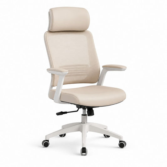 Sedia da ufficio ergonomica beige in rete di poliestere e PU con poggiatesta 66 x 66 x 116-126 cm