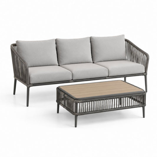 Set divano da giardino 3 posti con tavolino grigio in acciaio verniciato a polvere corda in PE e poliestere divano 198 x 78 x 78 cm tavolino 120 x 60 x 42 cm