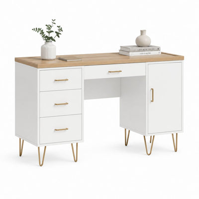 Scrivania tradizionale bianca con piano effetto rovere 120 x 60 x 75 cm con 4 cassetti e anta