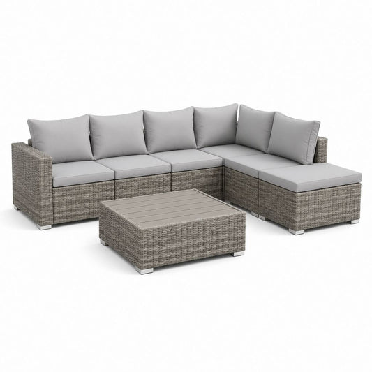 Set divano angolare da giardino 5 pezzi grigio in rattan PE con cuscini 250 x 200 x 65 cm