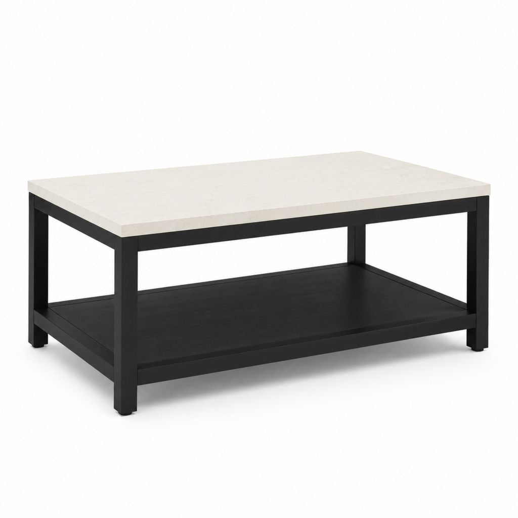 Tavolino da caffè rettangolare bianco e nero in MDF effetto marmo e pino massello 100 x 60 x 45 cm