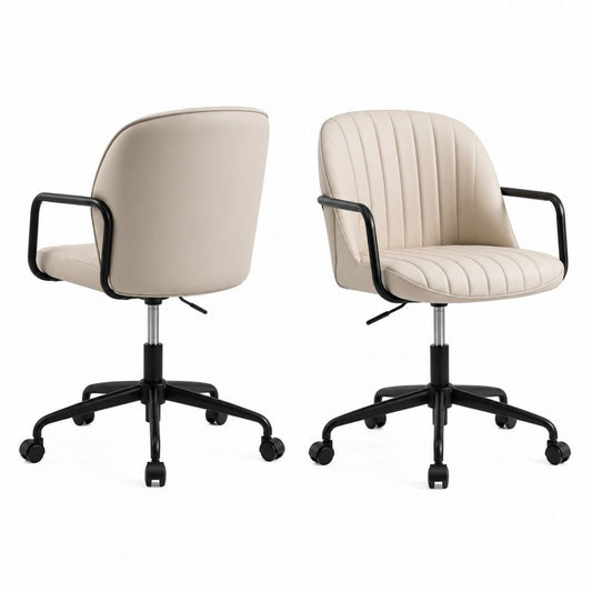 Sedia da ufficio girevole beige in pelle PU con braccioli e ruote 58 x 60 x 82-92 cm