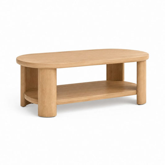 Tavolino da caffè ovale in rovere chiaro MDF impiallacciato 100 x 50 x 45 cm con ripiano inferiore