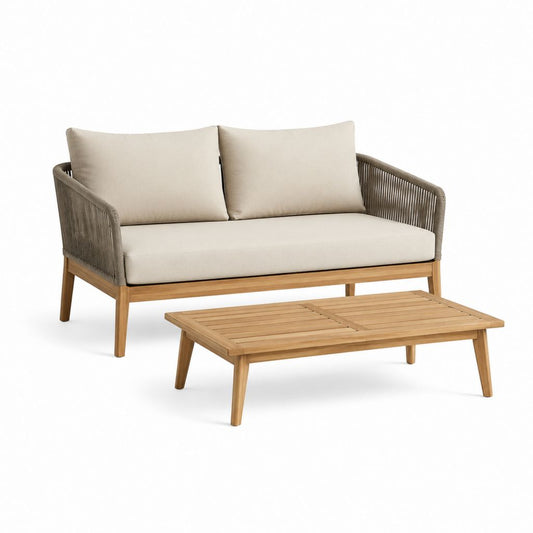 Set da giardino divano 2 posti e tavolino rettangolare beige marrone in legno massello e corda intrecciata 132 x 75 x 75 cm 110 x 60 x 38 cm