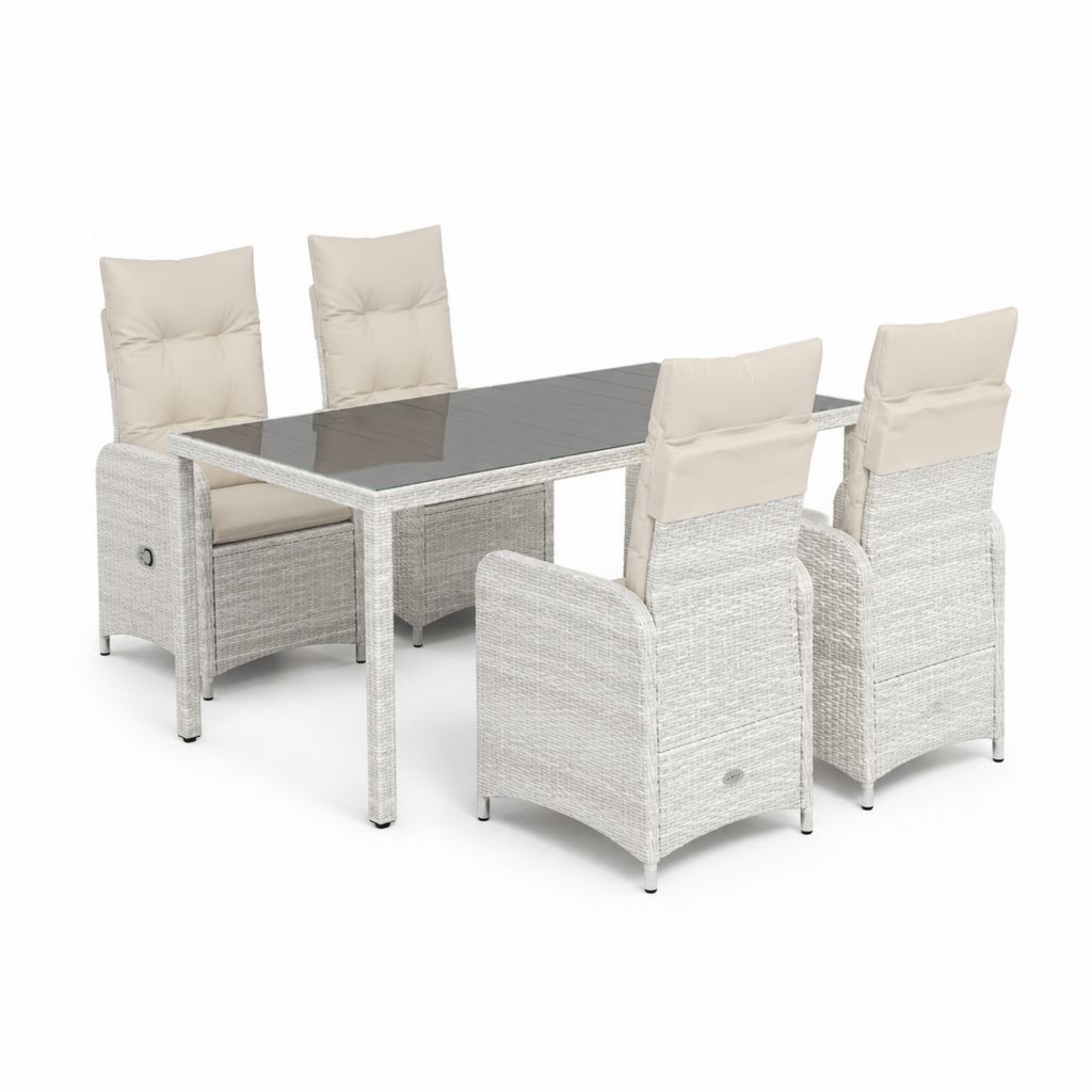 Set da pranzo da giardino 5 pezzi grigio in rattan PE con tavolo rettangolare 150 x 90 x 74 cm e 4 poltrone reclinabili