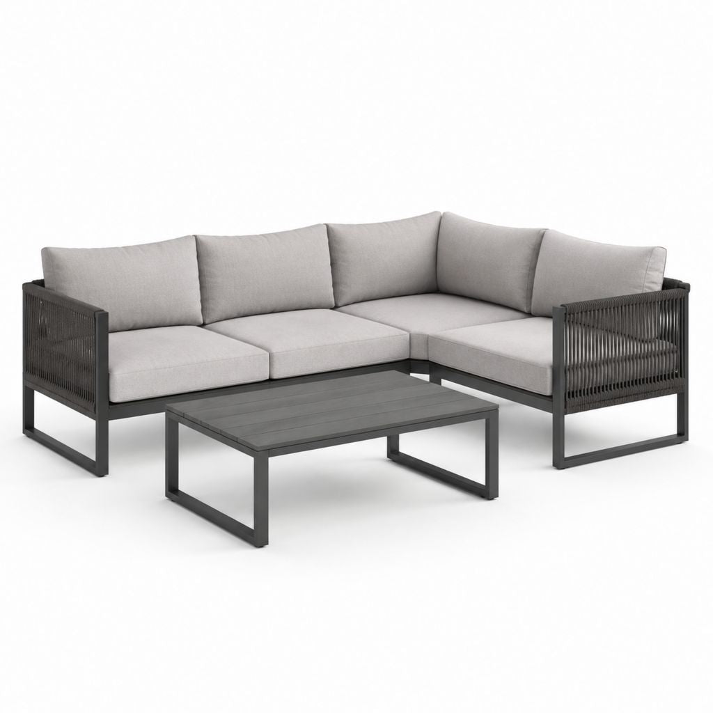 Set divano da giardino angolare 4 posti grigio con struttura in alluminio e tavolino 240 x 240 x 70 cm