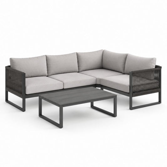 Set divano da giardino angolare 4 posti grigio con struttura in alluminio e tavolino 240 x 240 x 70 cm