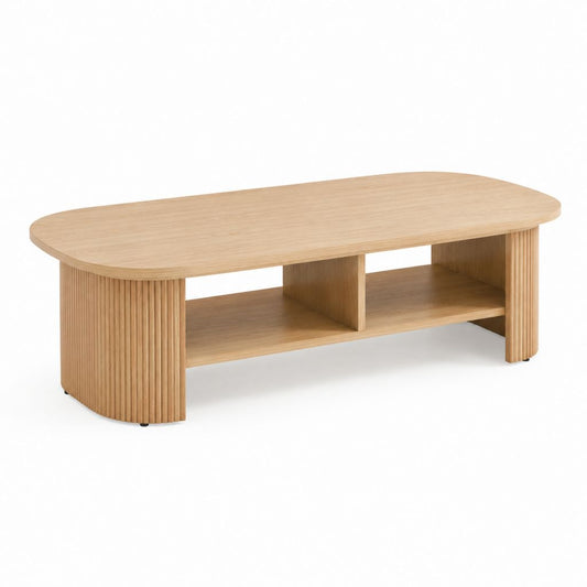 Tavolino da caffè ovale rovere in MDF 120 x 60 x 45 cm con 2 vani a giorno