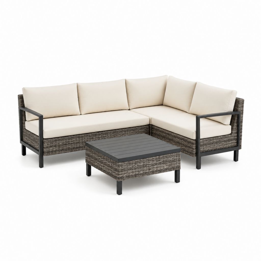 Set divano angolare da giardino con tavolino grigio antracite e crema in rattan PE e acciaio 180 x 130 x 65 cm