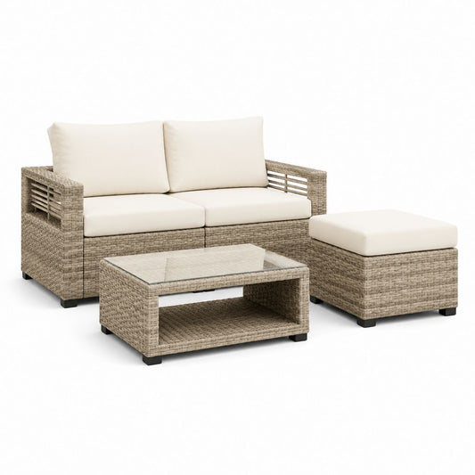 Set divano da giardino 3 pezzi beige in rattan PE rettangolare con tavolino in vetro divano 124 x 68 x 76 cm tavolino 95 x 50 x 42 cm pouf 65 x 65 x 36 cm
