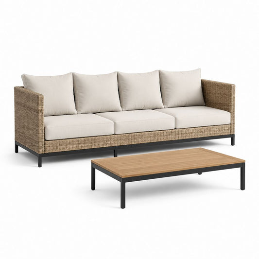 Set divano da giardino 3 posti con tavolino rettangolare beige in rattan PE e alluminio 220 x 82 x 75 cm