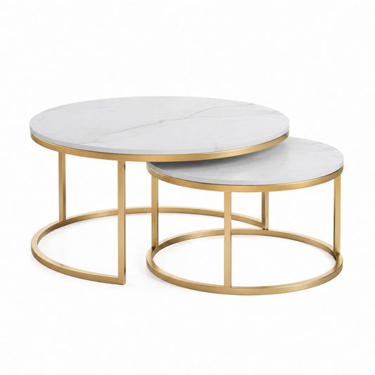 Set 2 Tavolini da Caffè Rotondi Bianchi Effetto Marmo in Pietra Sinterizzata e Acciaio Dorato Ø80 x H45 cm Ø60 x H38 cm