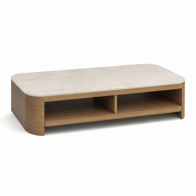 Tavolino da caffè rettangolare arrotondato noce e beige in MDF 120 x 60 x 40 cm