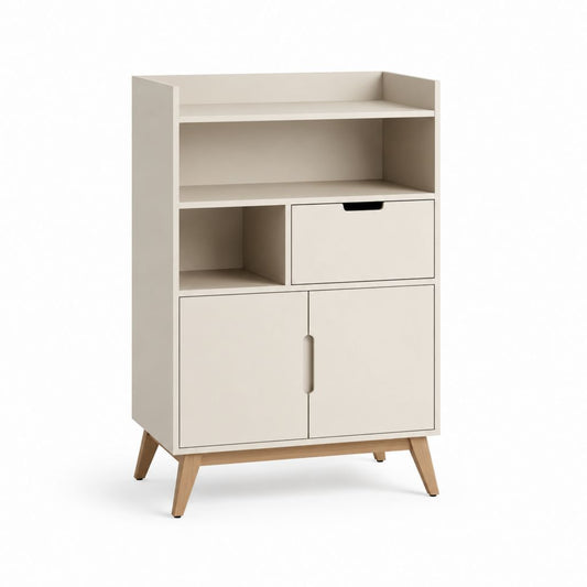 Mobile contenitore da ufficio bianco in pannello truciolare con gambe in legno massello 80 x 40 x 140 cm
