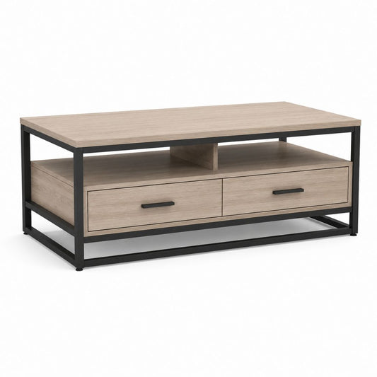 Tavolino da caffè rettangolare rovere chiaro e nero in pannello truciolare e acciaio 120 x 60 x 45 cm