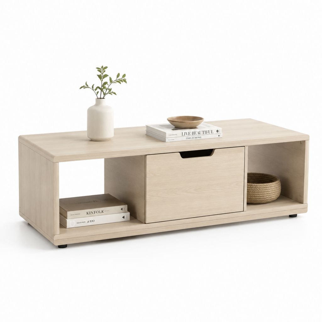 Tavolino da caffè rettangolare rovere chiaro in MDF con cassetto e vani aperti 120 x 60 x 45 cm