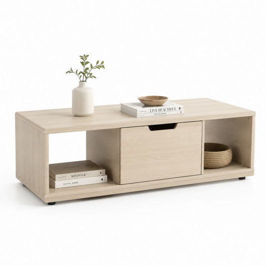 Tavolino da caffè rettangolare rovere chiaro in MDF con cassetto e vani aperti 120 x 60 x 45 cm