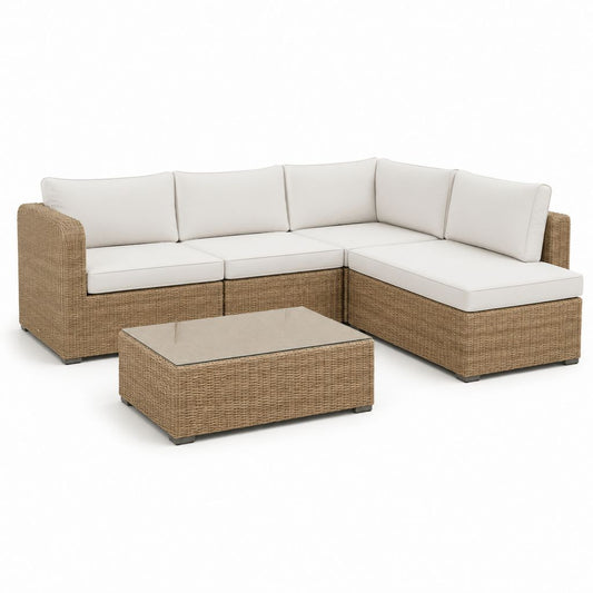 Set divano angolare da giardino 3 posti beige in rattan PE con tavolino in vetro 230 x 230 x 85 cm tavolino 100 x 60 x 40 cm